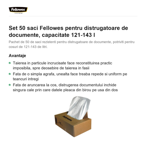 Set 50 saci Fellowes pentru distrugatoare de documente, capacitate 121-143 l [1]