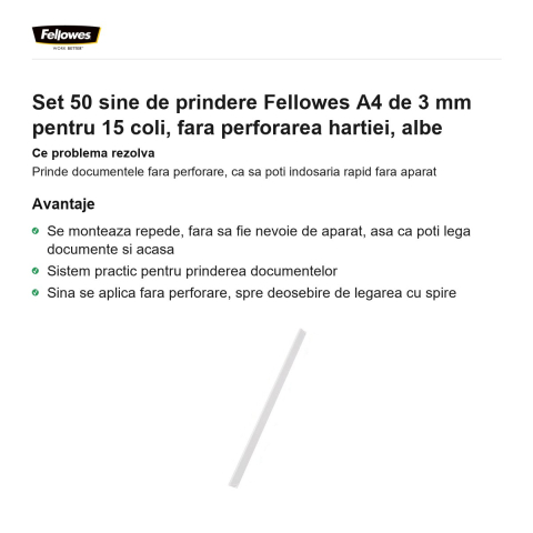 Set 50 sine de prindere Fellowes A4 de 3 mm pentru 15 coli, fara perforarea hartiei, albe [1]