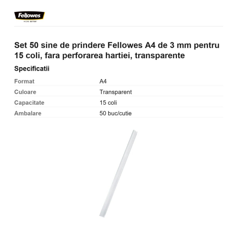 Set 50 sine de prindere Fellowes A4 de 3 mm pentru 15 coli, fara perforarea hartiei, transparente [2]