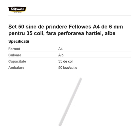 Set 50 sine de prindere Fellowes A4 de 6 mm pentru 35 coli, fara perforarea hartiei, albe [2]
