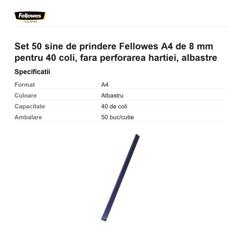 Set 50 sine de prindere Fellowes A4 de 8 mm pentru 40 coli, fara perforarea hartiei, albastre [2]