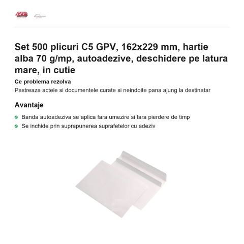 Set 500 plicuri C5 GPV, 162x229 mm, hartie alba 70 g/mp, autoadezive, deschidere pe latura mare, in cutie [1]
