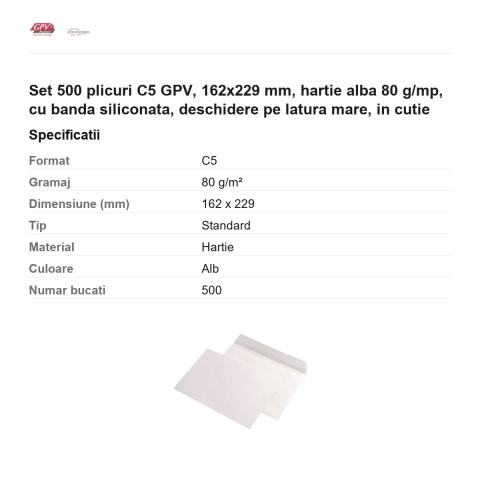 Set 500 plicuri C5 GPV, 162x229 mm, hartie alba 80 g/mp, cu banda siliconata, deschidere pe latura mare, in cutie [2]