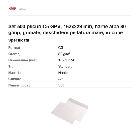 Set 500 plicuri C5 GPV, 162x229 mm, hartie alba 80 g/mp, gumate, deschidere pe latura mare, in cutie [2]