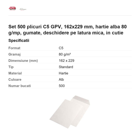 Set 500 plicuri C5 GPV, 162x229 mm, hartie alba 80 g/mp, gumate, deschidere pe latura mica, in cutie [2]