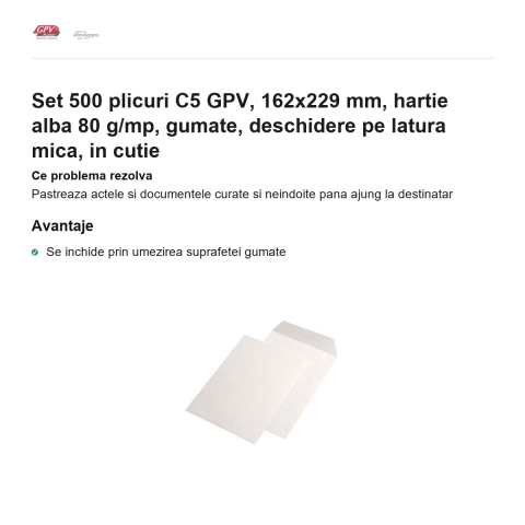 Set 500 plicuri C5 GPV, 162x229 mm, hartie alba 80 g/mp, gumate, deschidere pe latura mica, in cutie [1]