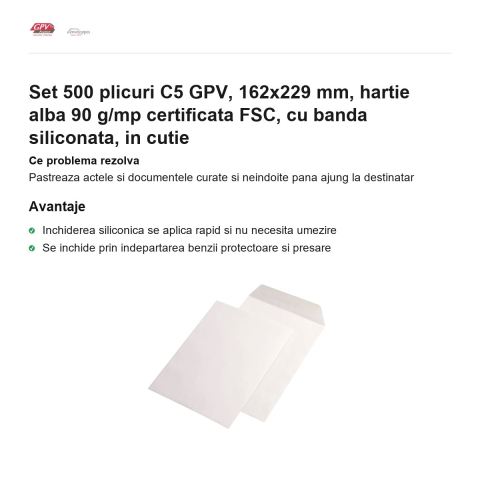 Set 500 plicuri C5 GPV, 162x229 mm, hartie alba 90 g/mp certificata FSC, cu banda siliconata, in cutie [1]