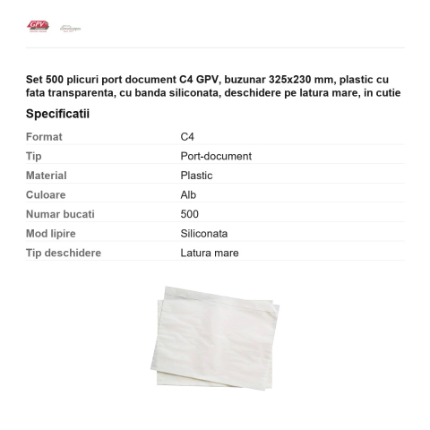 Set 500 plicuri port document C4 GPV, buzunar 325x230 mm, plastic cu fata transparenta, cu banda siliconata, deschidere pe latura mare, in cutie [2]