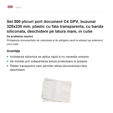 Set 500 plicuri port document C4 GPV, buzunar 325x230 mm, plastic cu fata transparenta, cu banda siliconata, deschidere pe latura mare, in cutie [1]