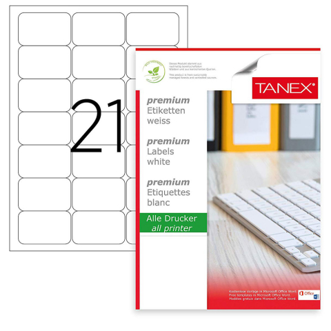 Etichete - Set 525 etichete autoadezive A4, 25 coli, 21 etichete/coala, 63.5x38.1 mm, albe, colturi rotunde, pentru imprimante laser si inkjet, Tanex
