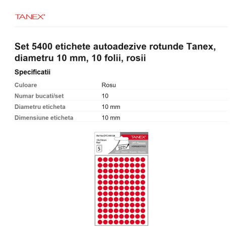 Set 5400 etichete autoadezive rotunde Tanex, diametru 10 mm, 10 seturi, rosii [2]
