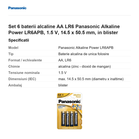Set 6 baterii alcaline AA LR6 Panasonic Alkaline Power LR6APB, 1.5 V, 14.5 x 50.5 mm, in blister [2]