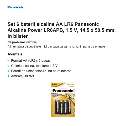 Set 6 baterii alcaline AA LR6 Panasonic Alkaline Power LR6APB, 1.5 V, 14.5 x 50.5 mm, in blister [1]