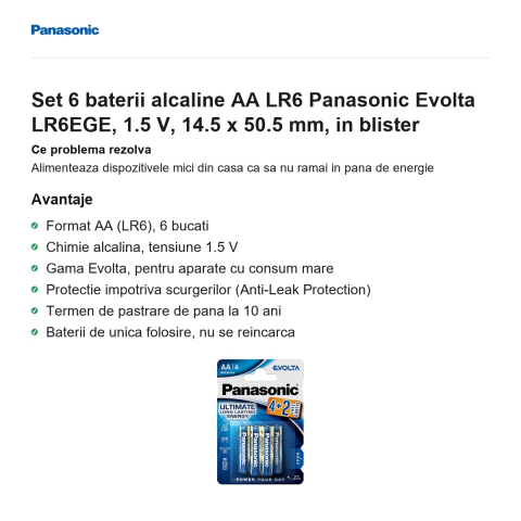 Set 6 baterii alcaline AA LR6 Panasonic Evolta LR6EGE, 1.5 V, 14.5 x 50.5 mm, in blister [1]