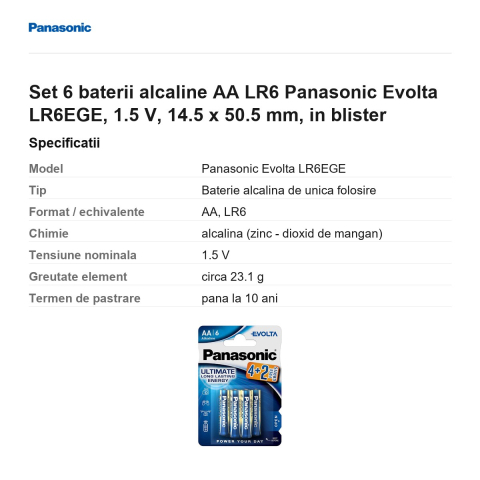 Set 6 baterii alcaline AA LR6 Panasonic Evolta LR6EGE, 1.5 V, 14.5 x 50.5 mm, in blister [2]
