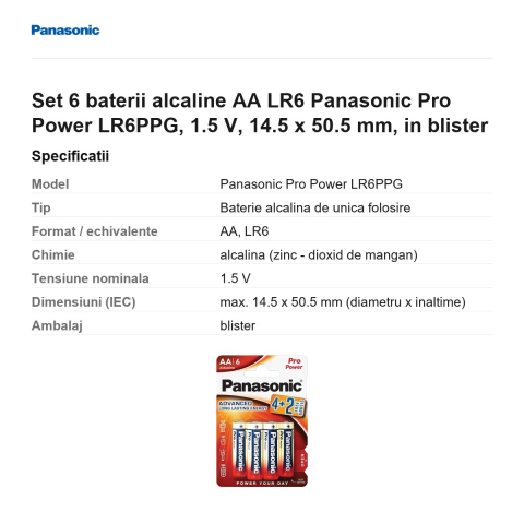 Set 6 baterii alcaline AA LR6 Panasonic Pro Power LR6PPG, 1.5 V, 14.5 x 50.5 mm, in blister [2]