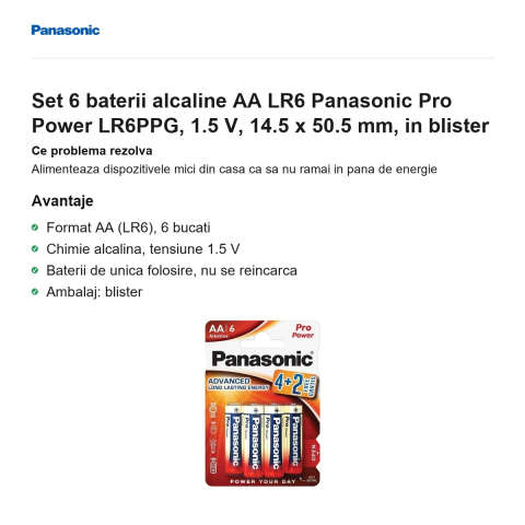 Set 6 baterii alcaline AA LR6 Panasonic Pro Power LR6PPG, 1.5 V, 14.5 x 50.5 mm, in blister [1]
