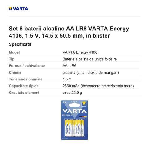 Set 6 baterii alcaline AA LR6 VARTA Energy 4106, 1.5 V, 14.5 x 50.5 mm, in blister [2]