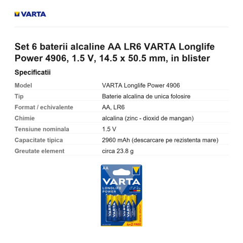 Set 6 baterii alcaline AA LR6 VARTA Longlife Power 4906, 1.5 V, 14.5 x 50.5 mm, in blister [2]