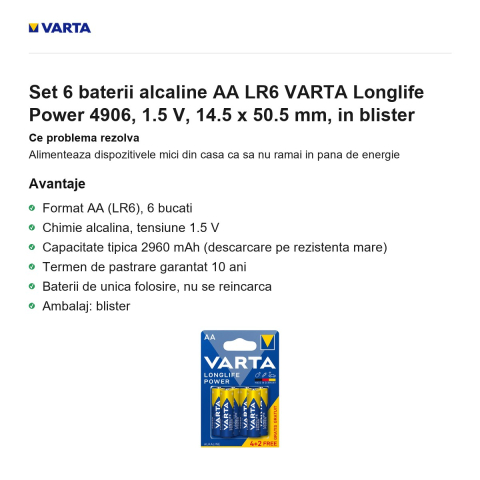 Set 6 baterii alcaline AA LR6 VARTA Longlife Power 4906, 1.5 V, 14.5 x 50.5 mm, in blister [1]