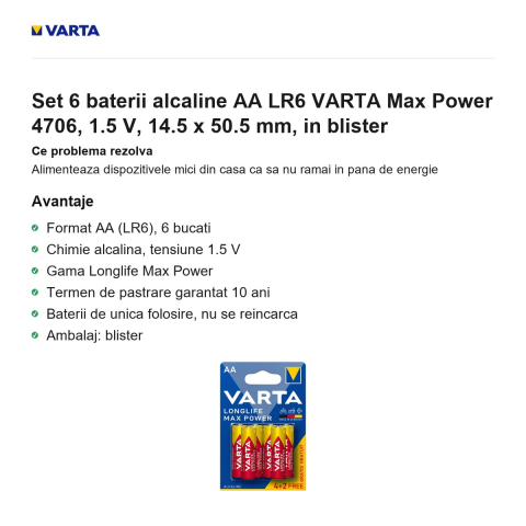 Set 6 baterii alcaline AA LR6 VARTA Max Power 4706, 1.5 V, 14.5 x 50.5 mm, in blister [1]