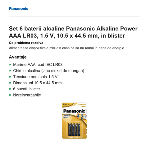 Set 6 baterii alcaline Panasonic Alkaline Power AAA LR03, 1.5 V, 10.5 x 44.5 mm, in blister [1]