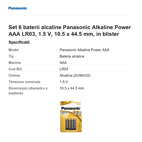 Set 6 baterii alcaline Panasonic Alkaline Power AAA LR03, 1.5 V, 10.5 x 44.5 mm, in blister [2]