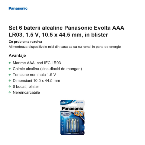 Set 6 baterii alcaline Panasonic Evolta AAA LR03, 1.5 V, 10.5 x 44.5 mm, in blister [1]