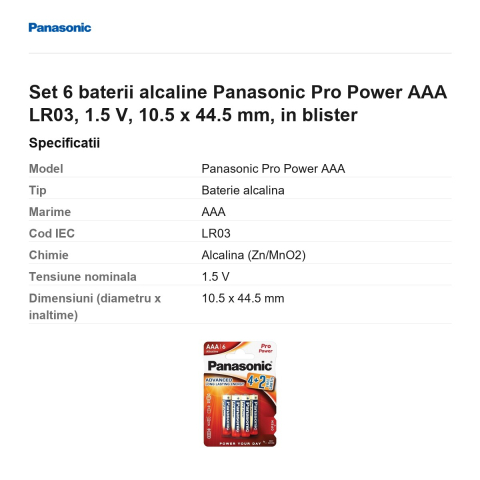Set 6 baterii alcaline Panasonic Pro Power AAA LR03, 1.5 V, 10.5 x 44.5 mm, in blister [2]