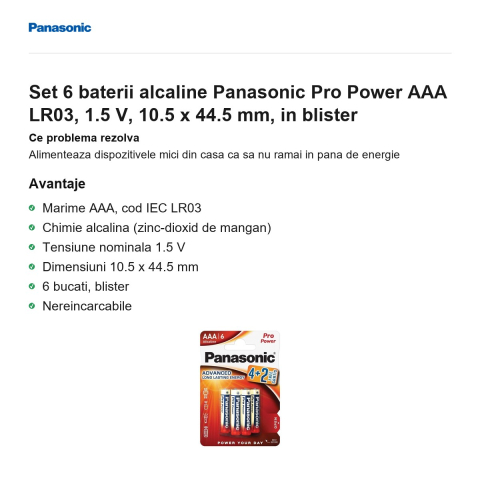 Set 6 baterii alcaline Panasonic Pro Power AAA LR03, 1.5 V, 10.5 x 44.5 mm, in blister [1]