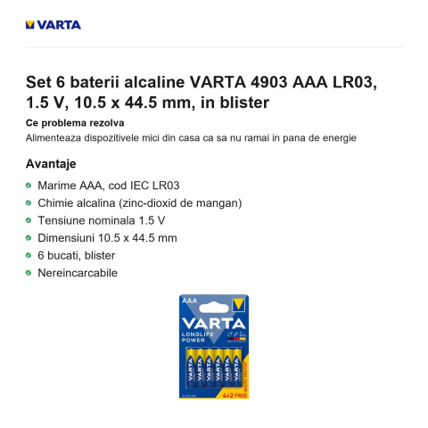 Set 6 baterii alcaline VARTA 4903 AAA LR03, 1.5 V, 10.5 x 44.5 mm, in blister [1]