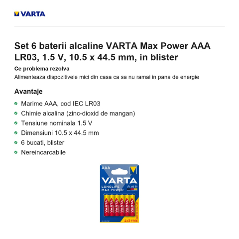 Set 6 baterii alcaline VARTA Max Power AAA LR03, 1.5 V, 10.5 x 44.5 mm, in blister [1]