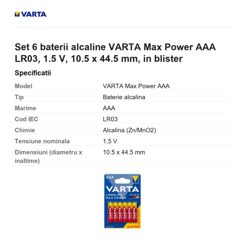 Set 6 baterii alcaline VARTA Max Power AAA LR03, 1.5 V, 10.5 x 44.5 mm, in blister [2]