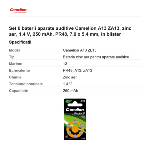 Set 6 baterii aparate auditive Camelion A13 ZA13, zinc aer, 1.4 V, 250 mAh, PR48, 7.9 x 5.4 mm, in blister [2]