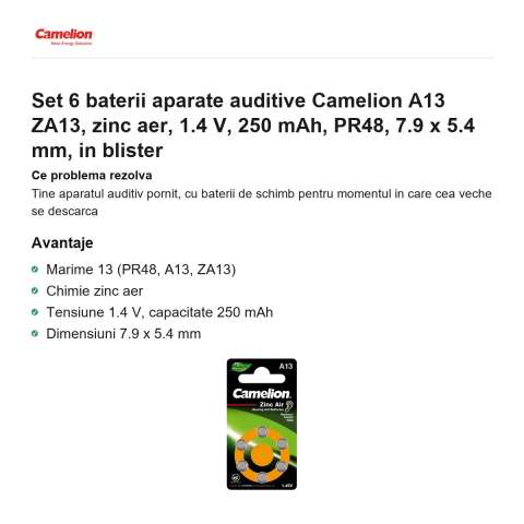 Set 6 baterii aparate auditive Camelion A13 ZA13, zinc aer, 1.4 V, 250 mAh, PR48, 7.9 x 5.4 mm, in blister [1]