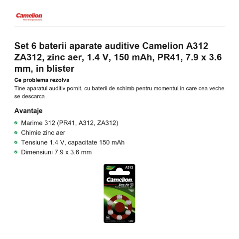 Set 6 baterii aparate auditive Camelion A312 ZA312, zinc aer, 1.4 V, 150 mAh, PR41, 7.9 x 3.6 mm, in blister [1]