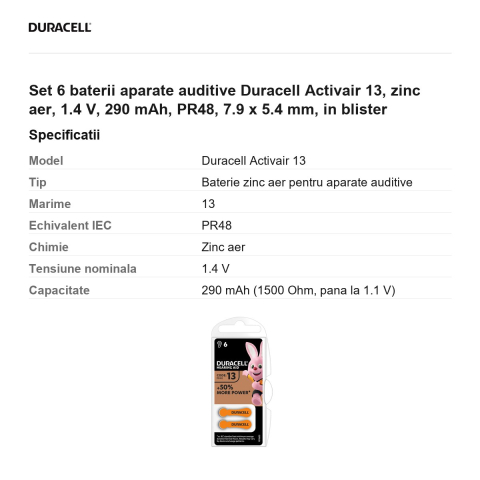 Set 6 baterii aparate auditive Duracell Activair 13, zinc aer, 1.4 V, 290 mAh, PR48, 7.9 x 5.4 mm, in blister [2]