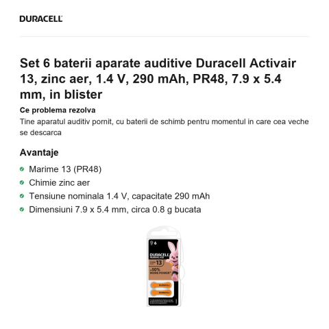 Set 6 baterii aparate auditive Duracell Activair 13, zinc aer, 1.4 V, 290 mAh, PR48, 7.9 x 5.4 mm, in blister [1]