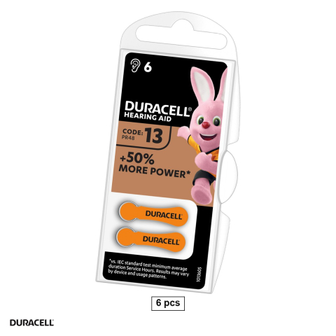 Baterii aparate auditive - Set 6 baterii aparate auditive Duracell Activair 13, zinc aer, 1.4 V, 290 mAh, PR48, 7.9 x 5.4 mm, in blister