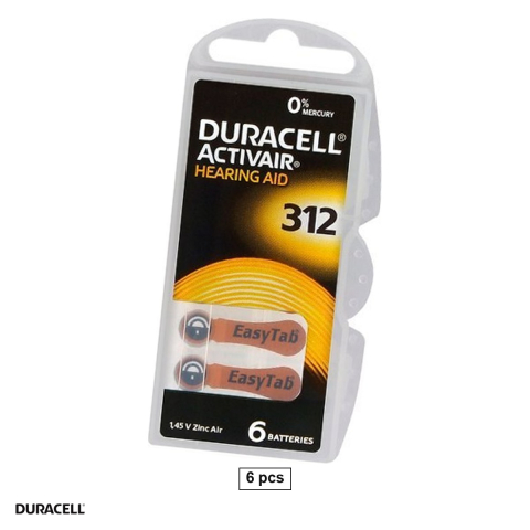 Baterii aparate auditive - Set 6 baterii aparate auditive Duracell Activair 312, zinc aer, 1.4 V, PR41, 7.9 x 3.6 mm, in blister