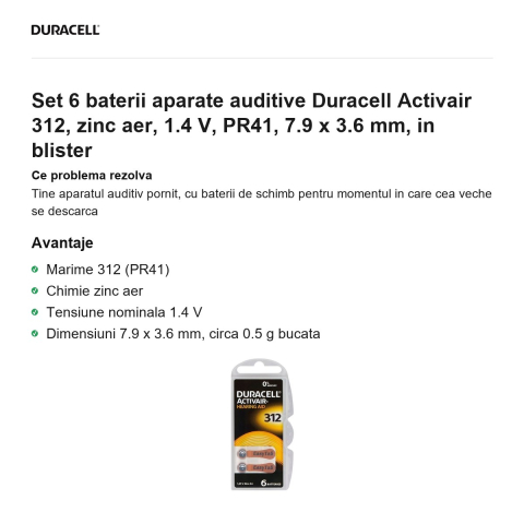Set 6 baterii aparate auditive Duracell Activair 312, zinc aer, 1.4 V, PR41, 7.9 x 3.6 mm, in blister [1]