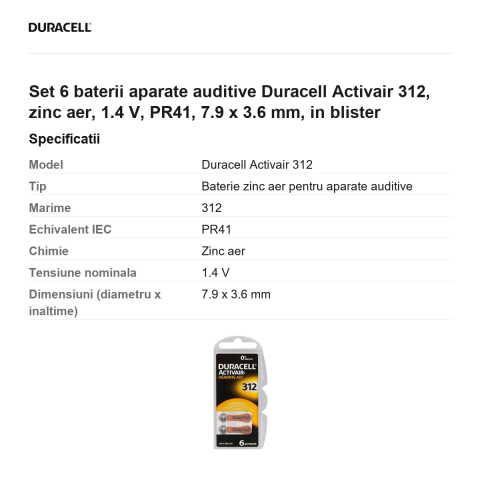 Set 6 baterii aparate auditive Duracell Activair 312, zinc aer, 1.4 V, PR41, 7.9 x 3.6 mm, in blister [2]