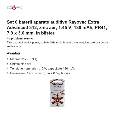 Set 6 baterii aparate auditive Rayovac Extra Advanced 312, zinc aer, 1.45 V, 180 mAh, PR41, 7.9 x 3.6 mm, in blister [1]