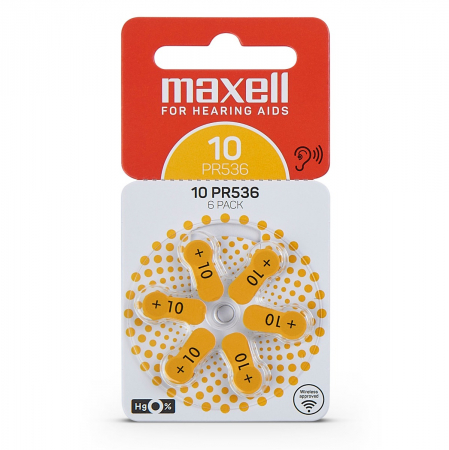 Baterii ZA10 - Set 6 baterii auditive PR536 ( 10 ) P10, Zinc Air, Maxell, galben, 1.45V, blister 6 bucati