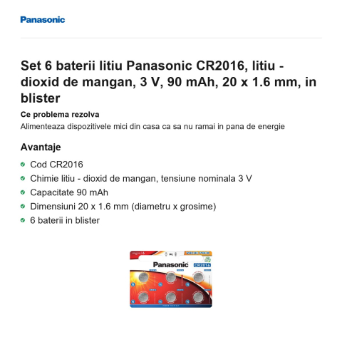 Set 6 baterii litiu Panasonic CR2016, litiu - dioxid de mangan, 3 V, 90 mAh, 20 x 1.6 mm, in blister [1]