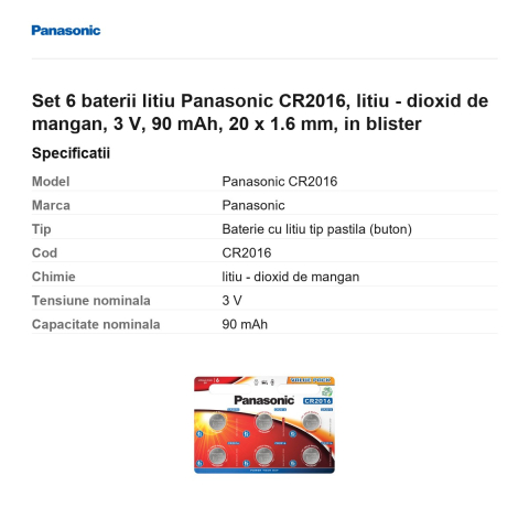 Set 6 baterii litiu Panasonic CR2016, litiu - dioxid de mangan, 3 V, 90 mAh, 20 x 1.6 mm, in blister [2]