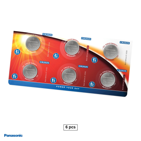 Energy - Set 6 baterii litiu Panasonic CR2025, litiu - dioxid de mangan, 3 V, 165 mAh, 20 x 2.5 mm, in blister