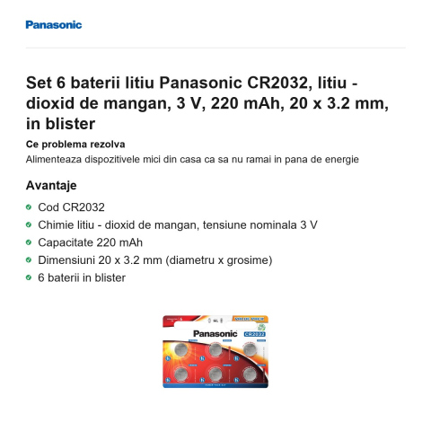Set 6 baterii litiu Panasonic CR2032, litiu - dioxid de mangan, 3 V, 220 mAh, 20 x 3.2 mm, in blister [1]