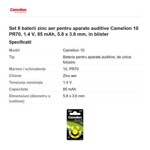 Set 6 baterii zinc aer pentru aparate auditive Camelion 10 PR70, 1.4 V, 85 mAh, 5.8 x 3.6 mm, in blister [2]