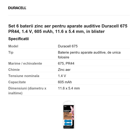 Set 6 baterii zinc aer pentru aparate auditive Duracell 675 PR44, 1.4 V, 605 mAh, 11.6 x 5.4 mm, in blister [2]